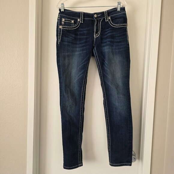 Miss Me Womens Size 29 Signature Skinny Jeans Denim Blue Rhinestones Low Rise - Picture 1 of 16